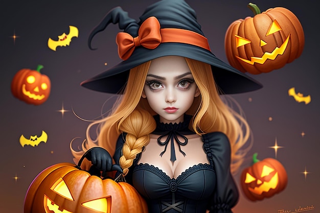 Halloween Girl Giving Halloween Gift Event Promo Wallpaper Background Illustration