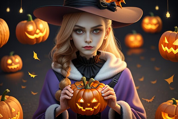 Halloween Girl Giving Halloween Gift Event Promo Wallpaper Background Illustration