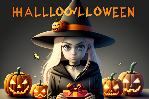 Halloween Girl Giving Halloween Gift Event Promo Wallpaper Background Illustration