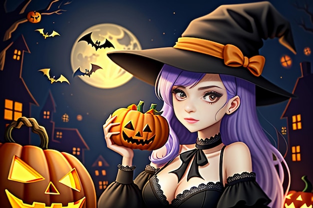 Photo halloween girl giving halloween gift event promo wallpaper background illustration