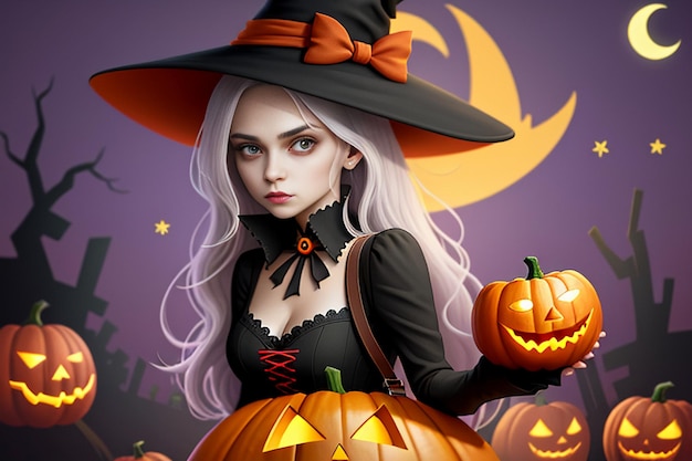 Halloween Girl Giving Halloween Gift Event Promo Wallpaper Background Illustration