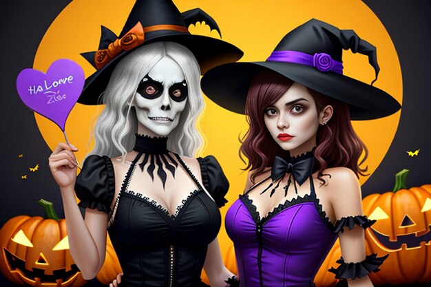 Halloween girl giving halloween gift event promo wallpaper background illustration