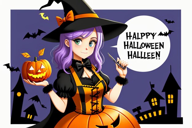 Halloween Girl Giving Halloween Gift Event Promo Wallpaper Background Illustration