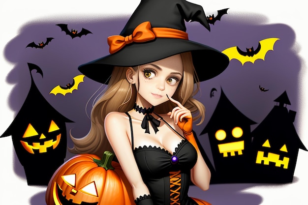 Halloween Girl Giving Halloween Gift Event Promo Wallpaper Background Illustration