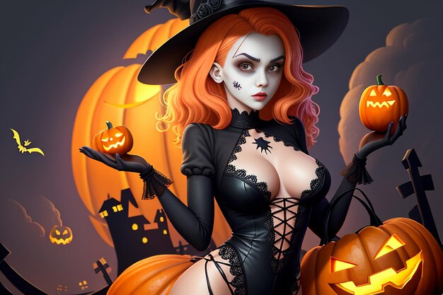 Halloween Girl Giving Halloween Gift Event Promo Wallpaper Background Illustration