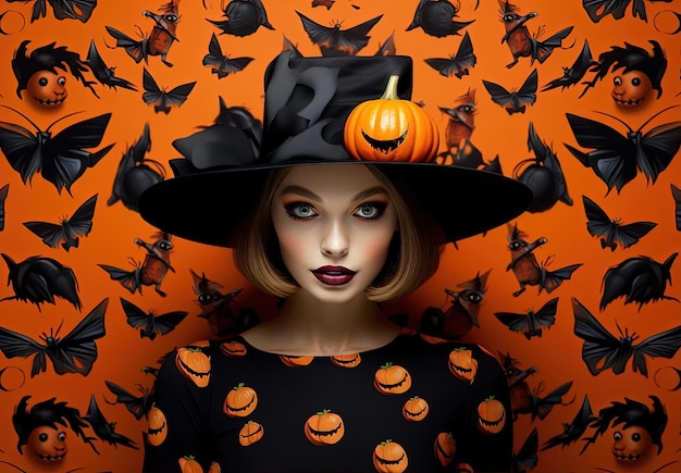 Halloween girl hat pumpkins and a bat to cover eyes