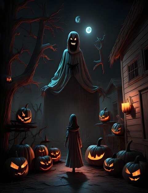 Halloween girl next to a pumpkin at night scary scene