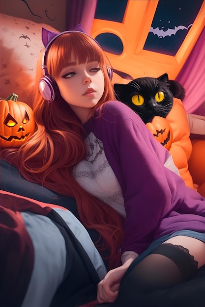 halloween girl with her eyes closed in a creepy room 03