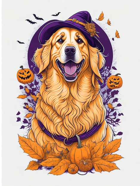 halloween golden retriever illustration tshirt design ai generative