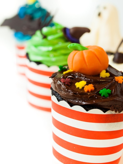 Halloween gourmet cupcakes with holiday decor on white background.