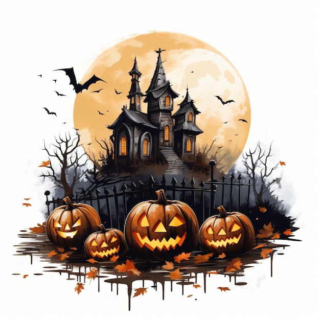 Halloween grafisch t-shirtontwerp met spookhuispompoenhoofden en schedel op geïsoleerde achtergrond