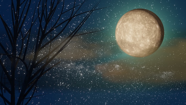 Foto halloween grafische achtergrond. grote volle maan op blauwe hemel met ster en wolk. blauw oranje thema. 3d illustratie weergave