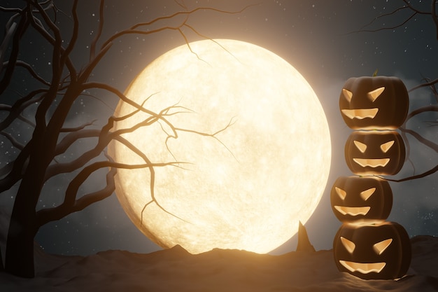 Halloween graphic background. Big full moon on dark sky with star and pumpkin face lamp. Yellow black Theme. 3d illustration rendering