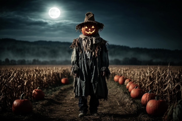 Photo halloween graphics a pumpkinheaded malevolent scarecrow withering fields and full moon