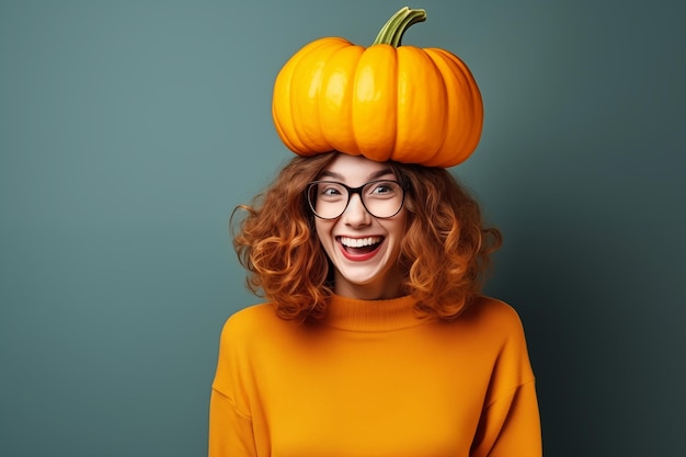 Halloween grappige vrouw met pompoen op haar hoofd Generatieve AI
