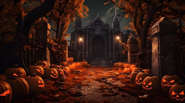 Halloween graveyad with pumkins AI generated