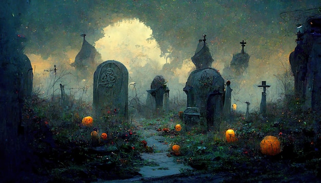 Halloween graveyard illustration