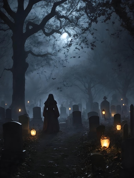 Halloween Graveyard At Night With Wooden Board