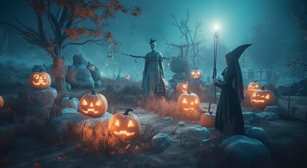 Halloween and the graveyard with pumpkins and candles in the style of dark cyan and skyblue spectacular backdrops lifelike renderings contest winner generate ai