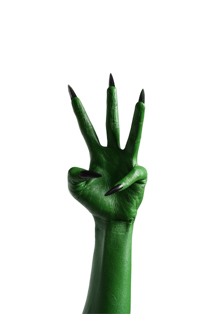 Photo halloween green color of witches evil or zombie monster hand isolated on white background number three fingers