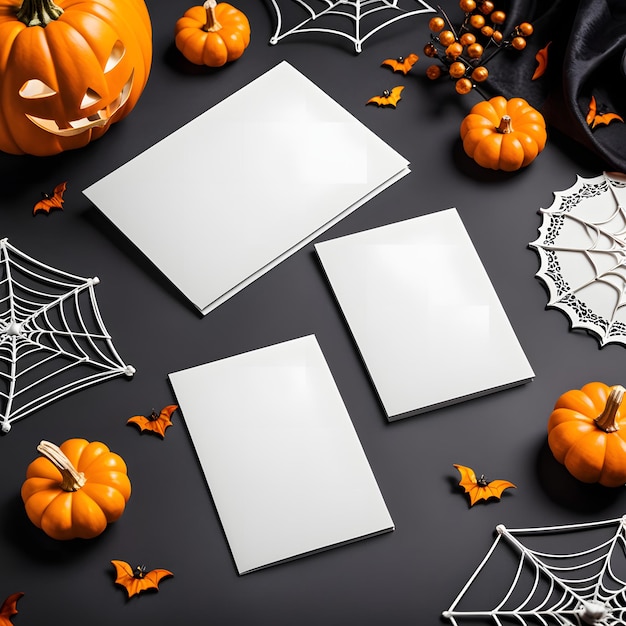 Photo halloween greeting card mockup with pumpkins spiders cobwebs on black background