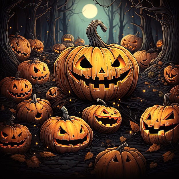 Halloween greeting card with a group of scary pumpkins in the forest at night