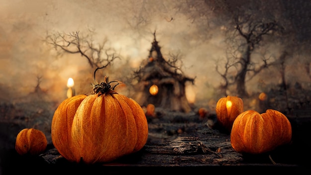 Halloween greeting card with pumkins and mysterious trees, dark and scary night in autumn