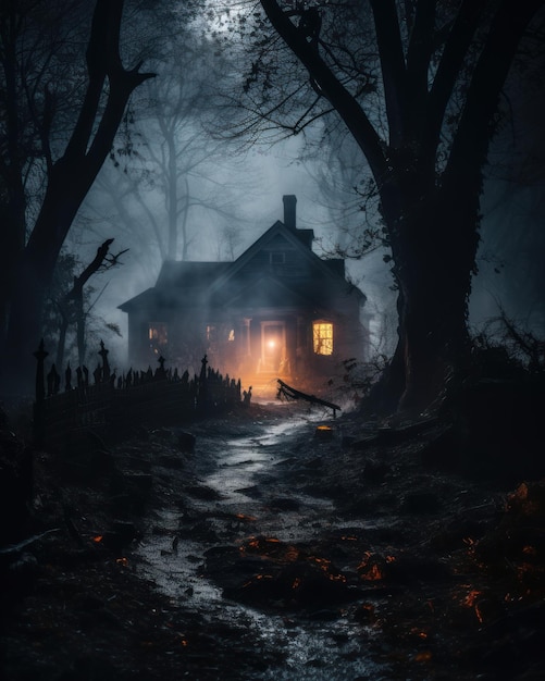 Halloween griezelig eng oud huis in mist Horror Halloween-concept