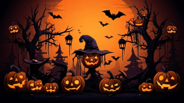 Foto halloween griezelige achtergrond eng jackolantern pompoenen gezichten eng griezelig kasteel in oktober donkere nacht herfst somber kerkhof met vleermuizen en volle maan op donkere hemel happy halloween buiten achtergrond