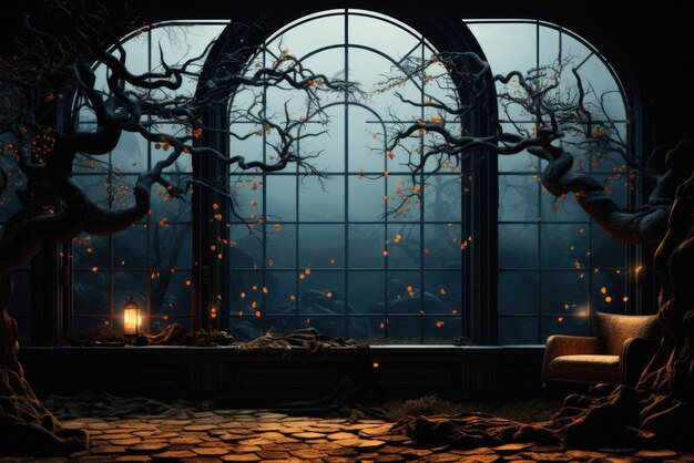 Halloween griezelige achtergrond enge pompoenen in griezelig horror spookkasteel