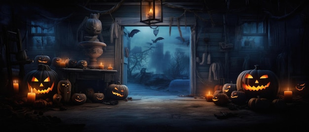 Halloween griezelige achtergrond enge pompoenen in griezelige horror spookhuiskamer