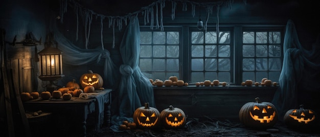 Halloween griezelige achtergrond enge pompoenen in griezelige horror spookhuiskamer