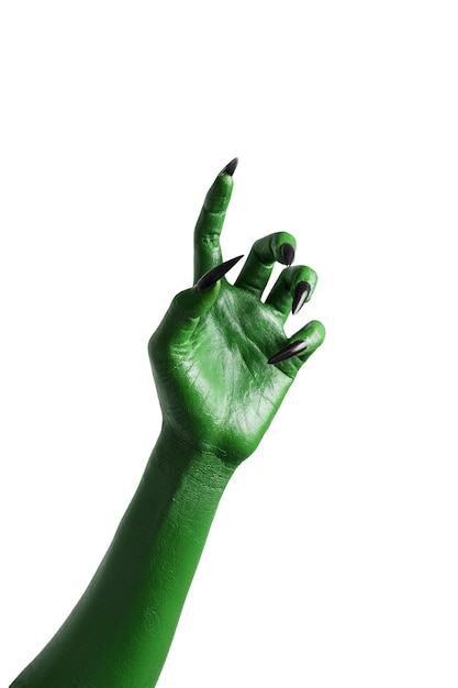 Foto halloween groene kleur van heksen kwaad of zombie monster hand geïsoleerd op een witte achtergrond