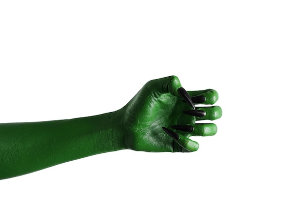 Halloween groene kleur van heksen kwaad of zombie monster hand geïsoleerd op een witte achtergrond
