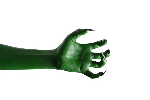 Foto halloween groene kleur van heksen kwaad of zombie monster hand geïsoleerd op een witte achtergrond