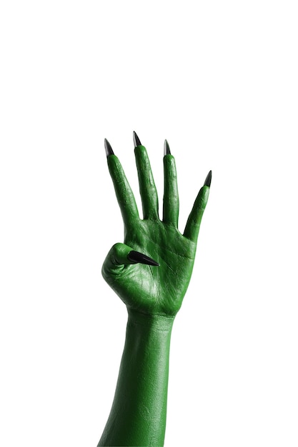 Foto halloween groene kleur van heksen kwaad of zombie monster hand geïsoleerd op witte achtergrond nummer vier vingers