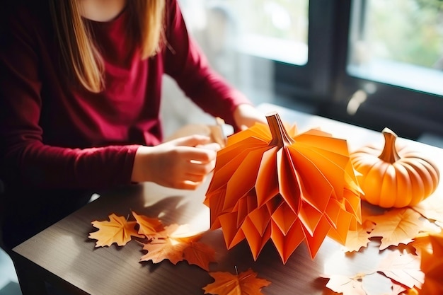 Halloween handicraft kid making an orange paper jackolantern