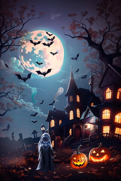 Halloween has pumpkins ghosts bats ghosts in the dark the moon illustration