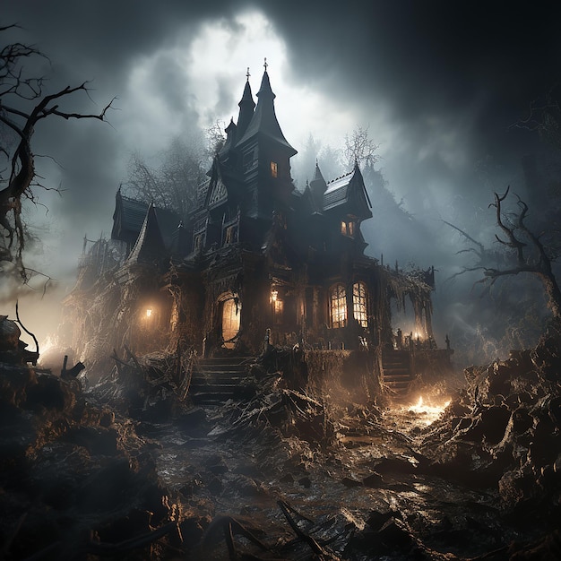 Halloween haunted house in dark forest AI generated