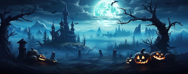 halloween haunted house with bats and moon