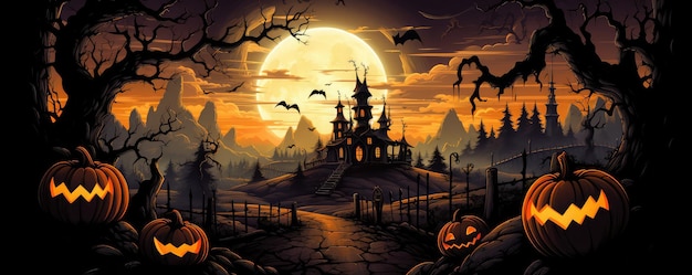 halloween haunted house with bats and moon