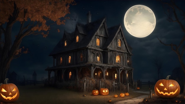ハロウィーンの幽霊の家と恐ろしい南瓜