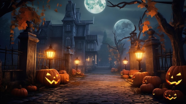 Halloween haunted streets with three pumpkins