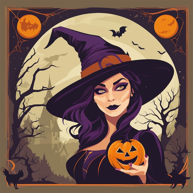 Foto halloween heks met hoed vector art illustratie