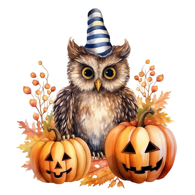 Halloween heks uil met pompoen aquarel illustratie halloween clipart