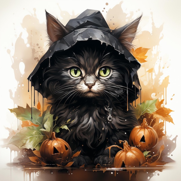 Halloween heks zwarte kat met pompoen