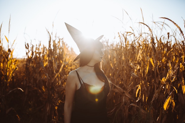 Halloween-het meisjesportret van de kostuumheks in cornfield bij zonsondergang. mooie serieuze jonge vrouw in heksenhoed met lang zwart haar en donkere lippen