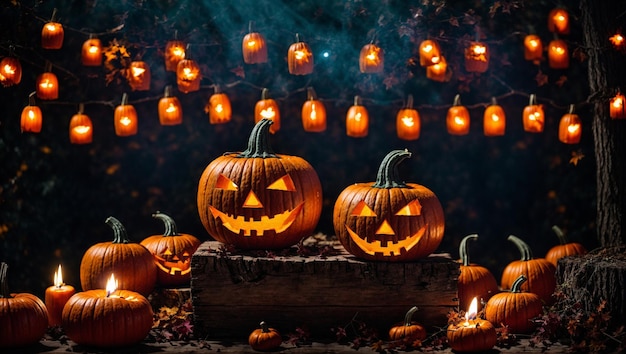 halloween holiday background Scary pumpkin head jack lantern on Halloween Generative AI