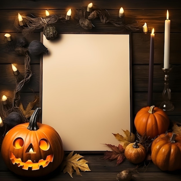 Halloween holiday poster mock up template with pumpkin and skull View from above Halloween Concept