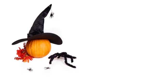 Photo halloween holiday pumpkin witch hat spider on a white isolated background banner autumn background copy space